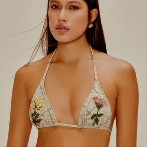 Agua De Coco Botanical Floral Embroidered Crochet Bikini Top S